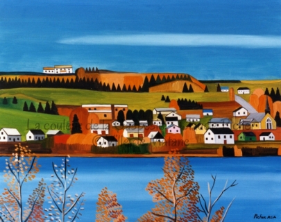 Huile sur toile 24×30 1993 Ce tableau est construit en trois plans: le premier plan se compose d’une étendue d’eau bleue qui représente le lac au saumon. Ensuite vient le village et les terres qui l’entourent. Enfin, le ciel, dont la couleur rappelle celle du lac, constitue le troisième plan. On remarque un fin et long nuage bleuté qui amplifie l’effet d’horizontalité. Les seuls éléments verticaux de ce tableau se situent dans les arbres qui, au premier plan, sont couverts de feuilles orangées et qui rappellent les couleurs des arbres et des champs que l’on retrouve de l’autre côté du lac.