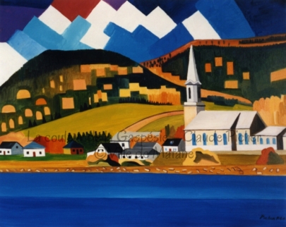 Huile sur toile 24×30 1993 Cette toile montre le village bordant le fleuve. Derrière lui, on retrouve les montagnes et derrière ces montagnes, un ciel fait de formes colorées entassées les unes sur les autres. On remarque, au premier plan, les lignes horizontales et parallèles formées par les eaux. Ensuite vient la ligne du rivage. Les bâtiments du village servent de zone de transition entre l’horizontalité du premier plan et les formes courbes produites par les montagnes. Le ciel agit comme un écran aveugle et coupe l’effet de perspective que l’on retrouve depuis le premier plan