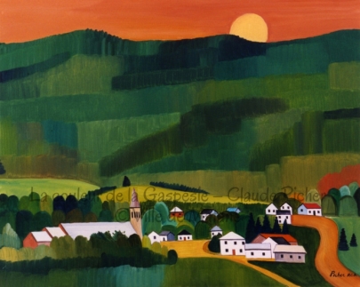 Huile sur toile 24×30 1993 Le ciel de cette oeuvre est spécial: il se constitue de bandes de couleurs orientées en diagonale. On pourrait croire que ce sont les célèbres carrés de Picher qui effectuent un mouvement descendant. Ce ciel, de couleurs variant du vert au bleu, est obstrué dans le bas par un rideau de conifères. Un soleil orangé est à demi caché par ces arbres. Devant ceux-ci, des collines de neige, sur lesquelles on retrouve un bâtiment solitaire, prennent place. Elles cèdent bientôt la place à la rivière, sur laquelle flottent des morceaux de glace.