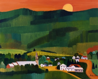 Au bas de l’oeuvre, un village un peu perdu dans la verdure environnante. Au deuxième plan, on retrouve une montagne créée par une succession de coups de brosse. Cette montagne verdoyante occupe la majeure partie de l’oeuvre. Puis, la couronnant, on peut voir un soleil jaune sur un ciel orange.