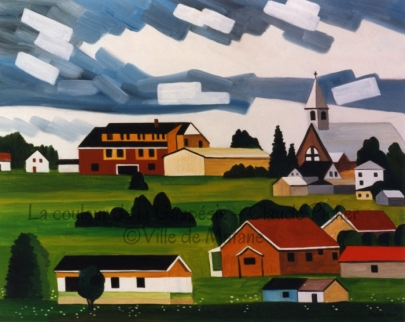 Huile sur toile 24×30 1993 On peut voir un village sur cette toile. Les bâtiments en sont présentés avec assez de détails, bien qu’ils en soient réduits à l’essentiel. Sur ce village, une éclaircie d’un blanc presqu’aveuglant perce le ciel grisâtre. Les différentes teintes de vert composant l’herbe du sol sont étendues de façon à créer un effet d’horizontalité, de planéité.