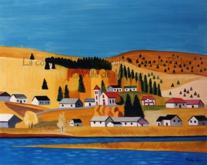 Huile sur toile 24×30 1993 Des bâtiments se retrouvent ici et là dans les vallonnements du terrain. En effet, ce village est construit dans les collines. On retrouve plusieurs arbres colorés aux couleurs de l’automne. L’herbe aussi est colorée d’une chaude teinte. Les montagnes en sont couvertes. Au premier plan de l’oeuvre, un cours d’eau. L’ensemble se découpe sur un ciel bleu.