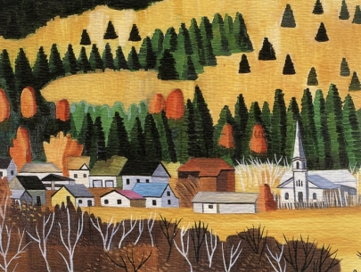 Huile sur toile 24×36 1993 Cette toile présente un village cerné par la nature. Au premier plan, des arbres au feuillage brun-orangé sont parsemés d’arbres sans feuille. Après un champ jauni, on retrouve le village dont l’église s’érige fièrement à la droite de l’oeuvre. Derrière le village, un rideau de conifères et de feuillus ayant pris les couleurs de l’automne, le sépare de la montagne, montagne à l’herbe jaune jonchée de petits sapins. Cette montagne monte jusqu’au haut de la toile, toile dans laquelle il n’y a pas de ciel.