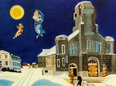 Huile sur toile 36×48 1994 Seule toile peinte en 1994, elle montre l’église Saint-Jérôme de Matane, de même que le presbytère qui s’y rattache et quelques bâtiments environnants. Tout semble silencieux et calme sous ce paysage hivernal. Deux promeneurs quittent l’église tandis qu’au ciel, flottant dans les airs, on découvre la Vierge Marie tenant l’enfant Jésus et à proximité d’eux, un ange qui joue d’un instrument de musique. Tout près des entités célestes brille une lune