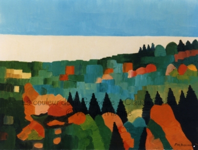 Huile sur toile 18×24 1995 Cette oeuvre ressemble étrangement à Automne en Gaspésie (voir # 54) de 1992. Bien que le format soit plus petit cette fois, la composition, les couleurs et les formes en sont les mêmes. Le peintre n’a apporté qu’une différence notable: le ciel jaune est strié d’une bande bleu clair dans la partie supérieure.