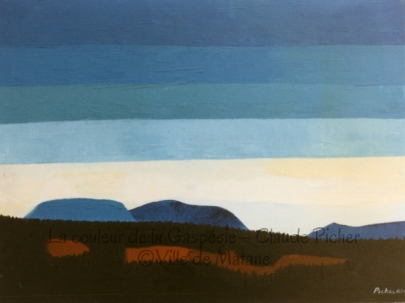 Huile sur toile 18×24 1995 Le ciel de cette oeuvre, qui en occupe les deux tiers de la superficie, se compose d’une succession de bandes parallèles de teintes bleutées disposées de façon à ce que la couleur se dégrade en allant vers le bas. Sous ces bandes une partie de ciel doré est découpée par des montagnes bleues. Enfin, sous ces montagnes, une immense forêt de conifères, recréés par des lignes verticales noires, laisse voir une partie de sa terre qui est déboisée.