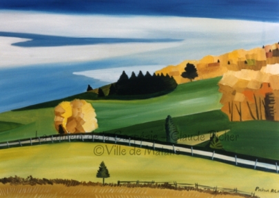 Huile sur toile 18×24 1995 Le ciel, dans lequel les nuages sont diaphanes, occupe presque la moitié de la toile. Le peintre a orienté en diagonale la frontière entre ciel et terre. Cette terre se compose de champs verdoyants sur lesquels on retrouve des massifs d’arbres soit de feuillus ou de conifères. Une clôture sillonne la toile, la séparant en deux parties. Dans la partie la plus près du spectateur, un arbre, seul, se tient droit. Serait-ce un symbole de la solitude du peintre, solitude que l’on sait avoir été grande dans son enfance ou peut-être est-ce le symbole de l’homme qui se tient debout, droit et seul pour défendre ses idées, ou ses oeuvres, devant les masses?