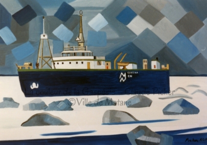 Huile sur toile 24×36 1995 Le bateau est le sujet de cette oeuvre. Il vogue sur les eaux glacées du fleuve. En arrière-plan, des formes colorées reprennent les couleurs des glaces du premier plan et en tapissent le ciel.