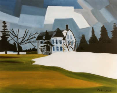 Huile sur toile 24×30 1995 Picher crée un sentiment d’angoisse et de frayeur dans cette oeuvre. Il arrondit les formes de la maison, en laisse les fenêtres aveugles et la présente dans des couleurs qui se reflètent dans l’environnement, c’est-à-dire le blanc dans la neige et dans le ciel et le noir dans les masses sombres et angoissantes des arbres. Le ciel peint en majorité en gris accentue aussi cet effet de peur. De plus, le ciel se couvrant annonce un mauvais présage. Outre les arbres, le seul élément vivant de l’oeuvre est l’herbe. Mais cette dernière est jaune, en train de mourir… Le tableau est composé d’une diagonale blanche formée par l’amas de neige qui conduit le regard du spectateur sur la maison. Le ciel enveloppe celle-ci, tendant ainsi à garder l’attention sur la maison, sujet principal de l’oeuvre.