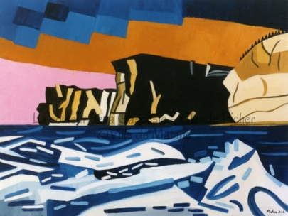 Huile sur toile 30×40 1995 La mer est déchaînée, le peintre aussi. Il peint avec fougue cette oeuvre. L’eau, au premier plan, est soit constituée de glace, soit elle est écumeuse. Des goutelettes, que Picher représente par de larges coups de brosse virevoltent dans les airs. Le mouvement des vagues est donné par des lignes courbes. Les caps, quant à eux, sont sculptés par l’ombre et la lumière. La partie centrale semble se disloquer et devenir mobile. Derrière les caps, un ciel, d’abord rose, ensuite orangé et enfin bleu, agit comme un rideau de théâtre et nous empêche de voir plus loin.