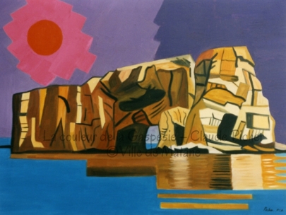 Huile sur toile 30×40 1995 Dans cette oeuvre, on découvre le rocher Percé comme on ne l’a jamais vu auparavant. En effet, il est découpé en multiples formes diverses dont certaines sont hachurées. Les couleurs composant le rocher sont en majorité claires, ce qui indique qu’une forte lumière l’éclaire. Ce n’est cependant pas celle du soleil car on le voit, derrière le rocher, tout orange et projetant un aura rosé autour de lui. Le soleil trône dans un ciel composé de deux tons violacés qui sont séparés par une ligne angulaire verticale. Le rocher projette un reflet dans l’eau bleu du fleuve. Ce reflet se compose de rectangles reprenant les couleurs du rocher.