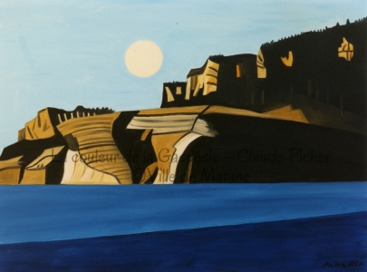 Huile sur toile 30×40 1995 Cette scène montre un paysage rocheux enfoui dans le fleuve. Les rochers sont composés de multiples découpes de couleurs sur un plan noir ou de découpes noires sur un plan coloré. Ces effets d’ombre et de lumière créent des volumes qui s’articulent dans l’espace. Le fleuve est représenté par deux plans d’eau, l’un foncé, l’autre pâle, que le peintre a divisé de biais et non horizontalement comme il le fait d’habitude. Cette déviation brise l’effet d’immobilité. Enfin, un soleil jaune se détache sur le ciel bleu, éclairant de sa chaude lumière les rochers.
