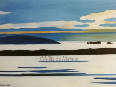 Huile sur toile 30×40 1995 Tableau composé de façon à mettre en valeur l’horizontalité. II représente un paysage d’hiver dans lequel on peut voir, au loin, le rocher Percé, montré ici comme une silhouette noire. A la même hauteur que le rocher s’étend la côte. Un ciel bleu parsemé de nuages et doré par le soleil couchant les surplombe. Le rocher, de même que la côte, sont pris dans une mer de neige. Une bande noire traverse le paysage. Puis, en premier plan, on peut voir une autre étendue blanche aux reflets bleutés.