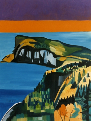 Huile sur toile 30×40 1995 Ce tableau présente une vue plongeante sur la pointe ouest des Appalaches sur laquelle on retrouve une végétation et une côte rocheuse rendues par des formes simplifiées. Les couleurs de la végétation sont encore verdoyantes mais on voit qu’elles se tournent lentement vers les couleurs de l’automne. La côte se détache sur un fleuve bleu, fleuve coupé par un ciel créé de deux bandes de lumière, l’une orangée et l’autre violacée.