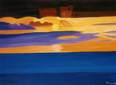 Huile sur toile 30×40 1995 Ce tableau présente un coucher de soleil sur le fleuve Saint-Laurent. La lumière du chaud soleil crée des reflets violacés, orangés et brunâtres dans le ciel. Le fleuve, composé de deux bandes de couleur bleue, ne renvoie pas la lumière du soleil. Il existe un contraste entre l’uniformité et la monochromie du fleuve et les diverses formes colorées du ciel.