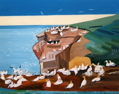 Huile sur toile 24×30 1995 On aperçoit un morceau de l’Ile Bonaventure dans cette toile. Ce morceau est recouvert de verdure, de rochers, de terre et, bien sûr, de fous de Bassan. Les oiseaux occupent avant-plan et le deuxième plan. On en retrouve même volant, plus loin, et ceux-ci ne sont représentés que schématiquement, c’est-à-dire dans la forme d’un M étiré. Les couleurs, pour créer l’Ile, ont été appliquées par juxtaposition de différentes teintes. Le fleuve est visible dans la partie gauche de l’oeuvre et un ciel de deux couleurs, jaune et bleu, occupent l’arrière-plan.