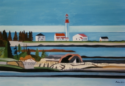 Huile sur toile 24×36 1995 Plusieurs éléments sont disposés horizontalement dans cette oeuvre: les strates de terrain, le rivage, le fleuve, la rangée de bâtiments, la ligne d’horizon et les bandes du ciel. Les arbres, le phare, un rocher et les maisons viennent couper ce rythme horizontal par leur verticalité. L’ensemble de la toile est peint en couleurs claires, ce qui donne une impression de beau temps, de légèreté, de joie de vivre.