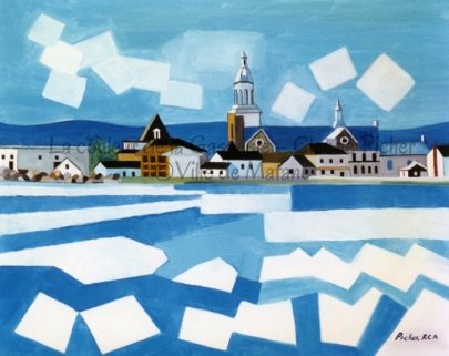 Huile sur toile 24×30 1995 Comme bien des toiles, celle-ci se compose suivant un plan déterminé: au premier plan, une étendue quelconque, soit eau ou champs. Ensuite vient un village et enfin, le ciel. Ici, le premier plan se compose d’eau, mais d’eau à moitié gelée et dont les blocs de glace sont constitués par les aplats de couleur blanche, tandis que l’eau elle-même est peinte en bleu. Le village que l’on voit trouve son point culminant dans l’église dont le corps se fond avec les montagnes bleues de l’arrière-plan. Le ciel est turquoise et il est parsemé de quelques carrés blancs représentant les nuages. Il est intéressant de noter qu’à l’origine, Picher avait peint les « nuages » en rose. On peut en voir la trace en regardant l’oeuvre de près. On découvre aussi que d’autres formes devaient être peintes dans l’intervalle entre les deux groupes de « nuages « . Ces rectangles auraient passé derrière le clocher.