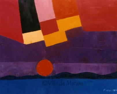 Huile sur toile 24×30 1995 Le ciel occupe presque toute la surface de l’oeuvre. Outre ce dernier, prend place au premier plan un cours d’eau, bleu, sur lequel on aperçoit la silhouette, violacée, de collines. Juste au-dessus de ces collines, un soleil orangé s’apprête à disparaître. Mais n’ayons crainte car nous savons bien que le soleil reviendra toujours. La disparition prochaine de l’astre solaire amène des feux colorés dans le ciel. En effet, le ciel, violet, est traversé de formes colorées. Est-ce une fois de plus la matérialisation des particules de lumière dans l’air ou est-ce une fantaisie picturale que s’est permise le peintre?