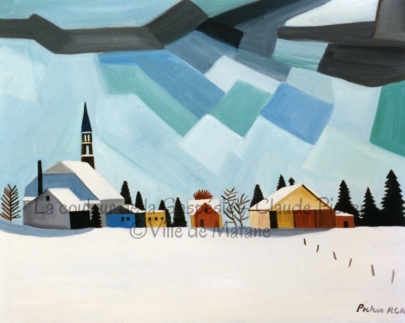 Huile sur toile 24×30 1995 En avant-plan, on peut voir un champ de neige coupé seulement par les poteaux d’une clôture et par l’ombre des bâtiments. Viennent ensuite les quelques bâtiments d’un village, dont une église, bâtiments cernés par quelques sapins. Enfin, on découvre le ciel. Ce ciel se compose comme un déploiement, dans la partie de droite, de formes rectangulaires. Dans le coin gauche, la peinture est appliquée comme une large plage verdâtre surmontée de quelques formes grises qui se suivent tout en se touchant, formant ainsi une sorte de ruban. L’immobilité et le silence du champ de neige contrastent avec le mouvement et la cacophonie contenus dans le ciel.