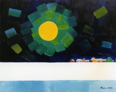 Huile sur toile 24×30 1995 La lune, comme l’indique le titre, est l’élément principal de cette oeuvre. On la voit, immense et pleine, trônant par-dessus un village et ce qui semble être un cours d’eau gelée ou encore un champ recouvert de neige. Autour de la lune, un rayonnement fait de carrés verts rejoint la masse sombre du ciel. On peut ici voir illustrée une des théories de la couleur: le jaune de la lune, se mélangeant avec le bleu du ciel, donne le vert du rayonnement. C’est comme si le bleu et le jaune transparaissaient l’un dans l’autre pour créer le vert, imitant ainsi ce que peut donner un rayonnement, c’est-à-dire une propagation de l’énergie ou de radiations émises par un corps.