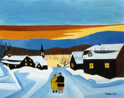Huile sur toile 24×30 1995 Deux personnages marchent sur la neige, neige bleutée par le déclin de la lumière du jour. Celle-ci est apparente seulement sur la masse d’eau dans la direction de laquelle se dirigent les promeneurs et sur un coin du ciel, derrière une montagne bleue. Celle-ci se couche sur une montagne brune et le ciel qui les surplombe, en plus d’être jaune, prend des teintes orangées, brunâtres et bleu pâle. Tout autour des personnages se dressent des bâtiments. Ceux-ci sont sombres et sembleraient menaçants si ce n’était de la chaude lumière que l’on peut apercevoir à travers les carreaux des fenêtres.