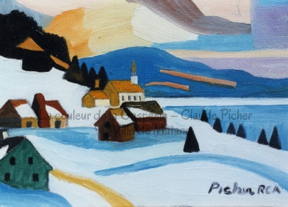 Huile sur toile 5×7 1995 Cette toile est la plus petite que l’on retrouve dans la collection. On peut y découvrir un village de quelques bâtiments, enveloppés dans la neige et parmi lesquels on découvre une église. Ce village se trouve sur une colline qui semble surplomber un lac. Les couleurs sont à dominance bleu. L’artiste y a inclus des éléments orangés, ce qui crée un contraste avec le bleu (couleurs complémentaires).
