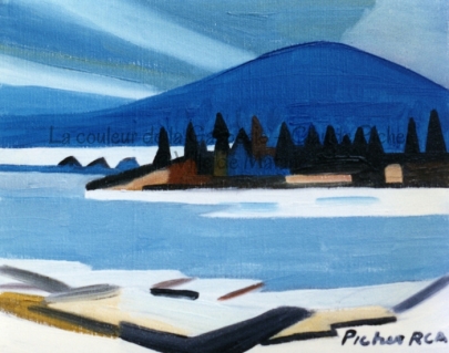 Huile sur toile 8×10 1995 Oeuvre à dominance bleue, elle se compose majoritairement de lignes horizontales. Ces lignes se retrouvent dans les plans de neige et de glace et le plan d’eau. La courbe de la montagne brise l’horizontalité et les sapins noirs accentuent ce bris par leur verticalité.
