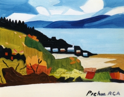 Huile sur toile 8×10 1995 Le village présenté ici évoque celui que l’on retrouve dans Solitude en Gaspésie (#94). Cette oeuvre se compose de quatre plans horizontaux (neige au premier plan, champs près desquels le village se situe, plan d’eau et ciel). Ces plans sont reliés entre eux par des lignes diagonales créées par certains éléments (arbres et montagnes). Il est intéressant de noter que dans ce paysage automnal, on retrouve de la neige, ce qui indique que le point de vue du spectateur se retrouve en altitude.