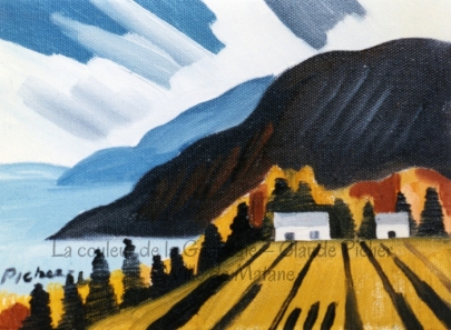 Huile sur toile 6×8 1995 Un mouvement est créé à partir des lignes de force. Ces lignes peintes dans le champ amènent le regard du spectateur sur les bâtiments. Ensuite, il y a une transition faite par les arbres. Puis, le mouvement devient ascensionnel bien qu’incliné et nous conduit en haut de la montagne. On pénètre alors les nuages, le blanc pur, le non-lieu… On est ensuite attiré vers les grandes traces du ciel qui nous emporte au coin supérieur gauche de la toile. La montagne noire (et neutre) se place comme une zone de transition entre les couleurs chaudes et les couleurs froides.