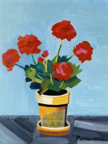 Huile sur toile 12×16 1995 Cette toile, une des deux natures mortes de la collection, montre des géraniums rouges dans un pot. Ces formes peintes en de chaudes couleurs se détachent sur un fond bleu pâle, froid. La table sur laquelle repose le pot est faite à gros traits de pinceau de diverses teintes de gris. Picher, dans cette oeuvre, donne une solidité nouvelle aux fleurs et aux feuilles.