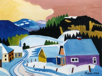Huile sur toile 12×16 1995 Au premier plan de l’oeuvre se trouvent quelques bâtiments. Un chemin sinueux nous amène plus bas à travers les monts couverts de neige. A l’arrière-plan de l’oeuvre, on retrouve des montagnes aux formes rondes dont le rythme est brisé par les faîtes des sapins. Le ciel changeant de couleur et l’ombre bleutée sur la neige indiquent que le soleil va bientôt se coucher.